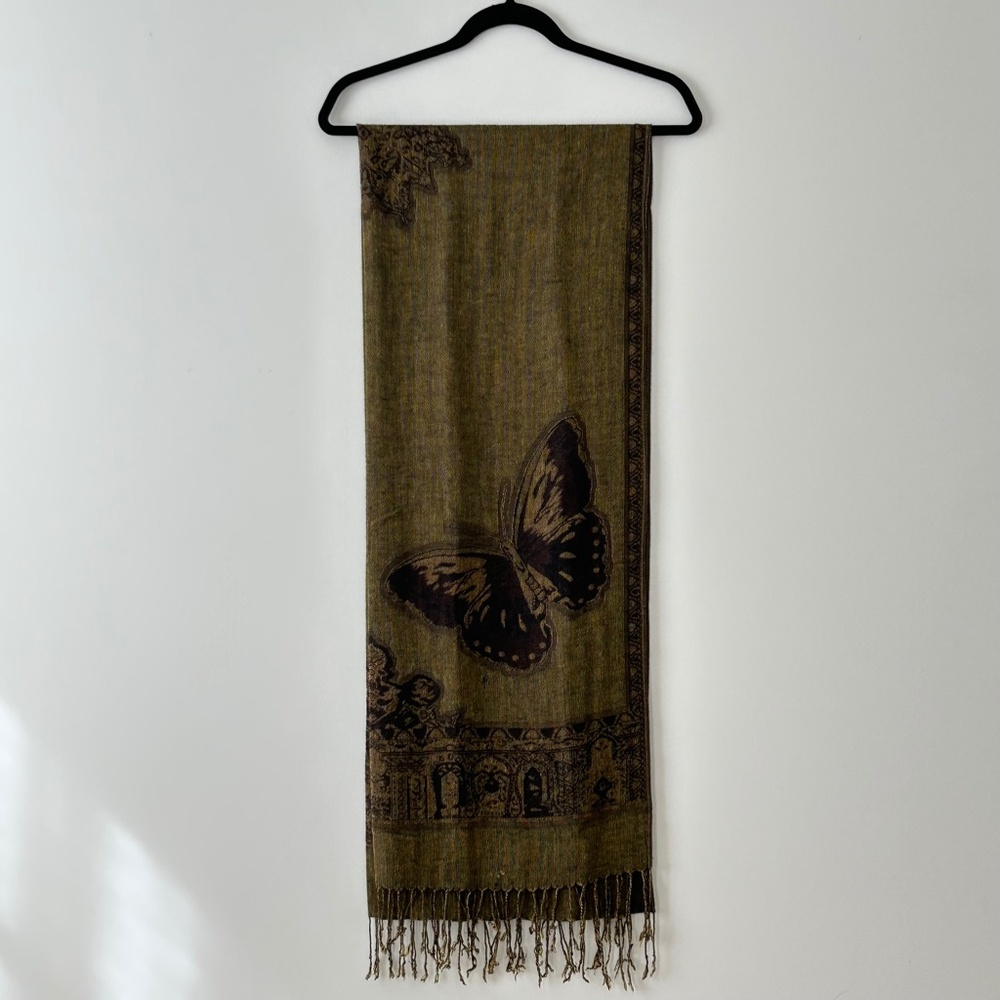 Reversible Butterfly Olive & Brown Scarf - Picture 3 of 16